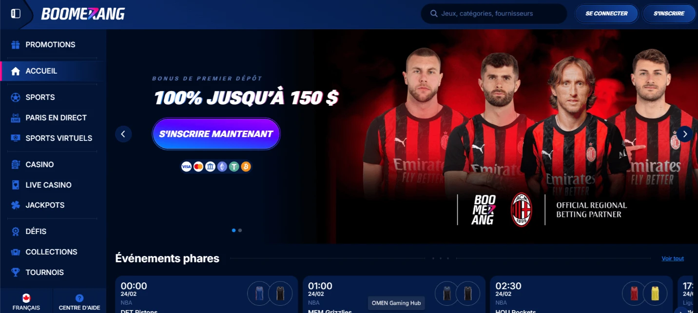 Boomerang sportsbook homepage with welcome promotion banner and sports betting navigation menu