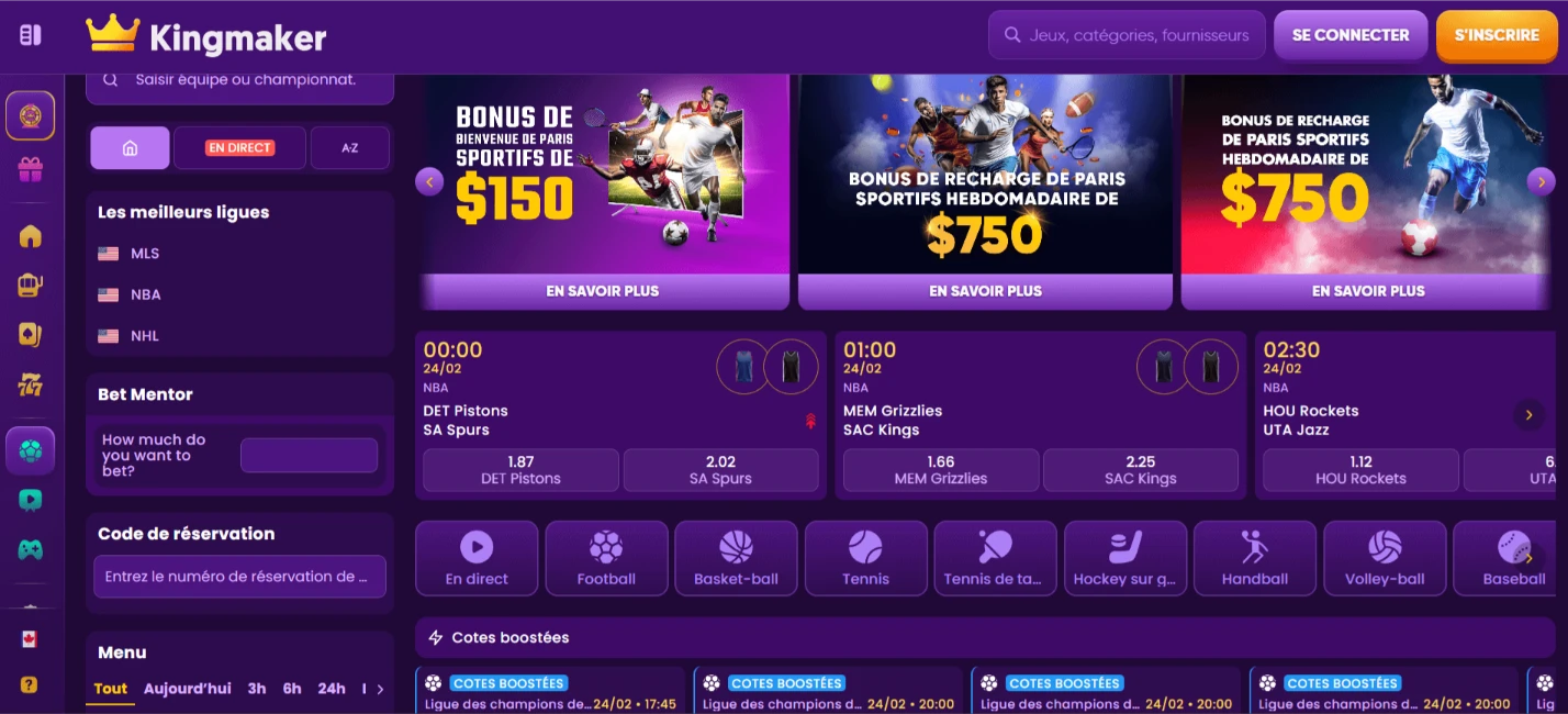Kingmaker sports betting section showing live events, boosted odds and featured leagues interface