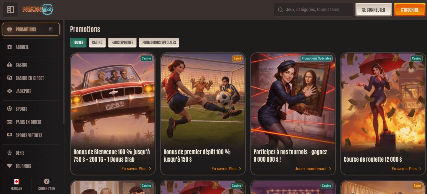 Neon54 promotions page displaying casino and sports bonus offers in dark themed interface