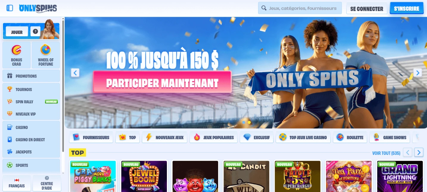 OnlySpins homepage with sportsbook welcome banner and casino game categories navigation