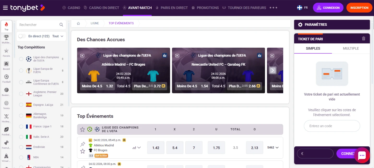 TonyBet sports betting platform showing UEFA Champions League markets and betting slip panel